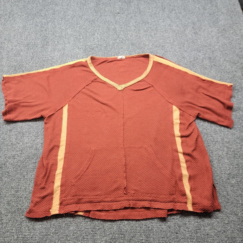 POL Waffle Knit V-Neck Top Rust Orange Tan Stripe Kangaroo Pocket SMT1749 Small